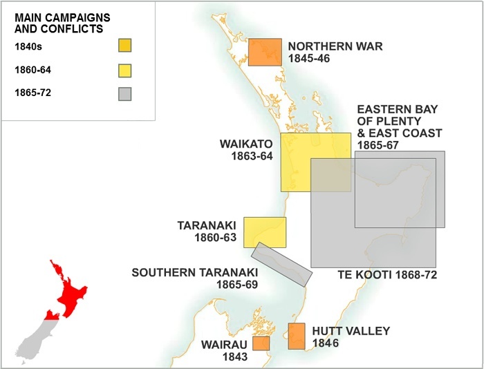 Map of New Zealand during the Maori Wars.